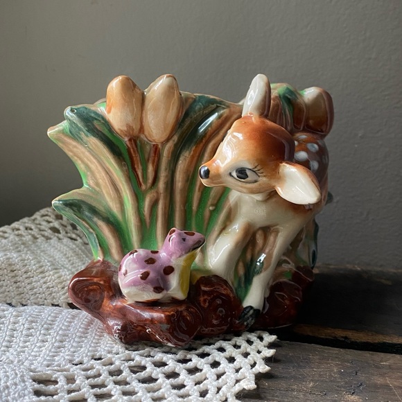 Vintage Fawn and frog planter pot